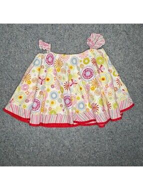 Girls Summer Swing Top XL Colorful Pinwheel Stripe Tie Shoulder Retro Red Trim